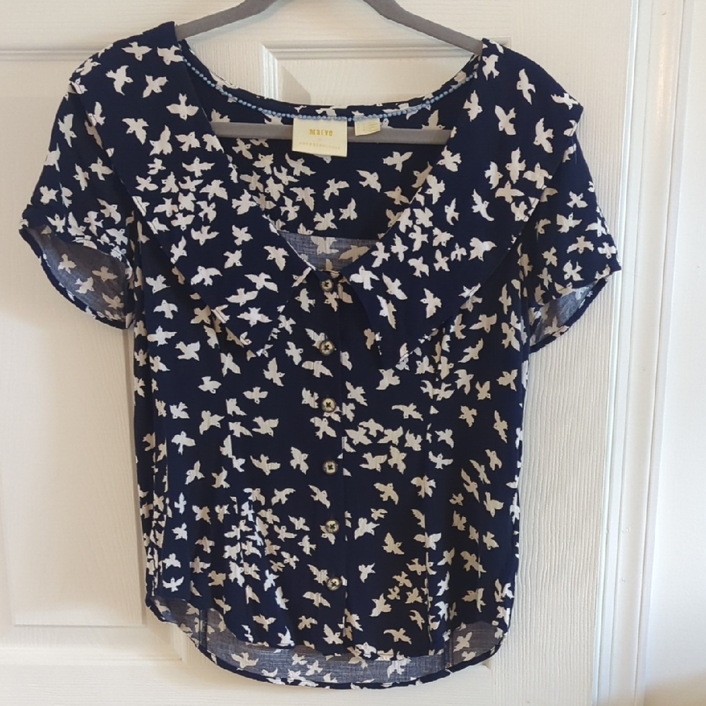 ANTHROPOLOGIE Navy Bird Print Blouse